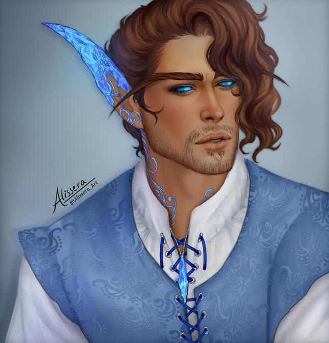 'His starlit eyes were bred from the ocean's bluest depths - as riveting as a most rare and finely cut jewel.' (Noctessa_Art Twitter)